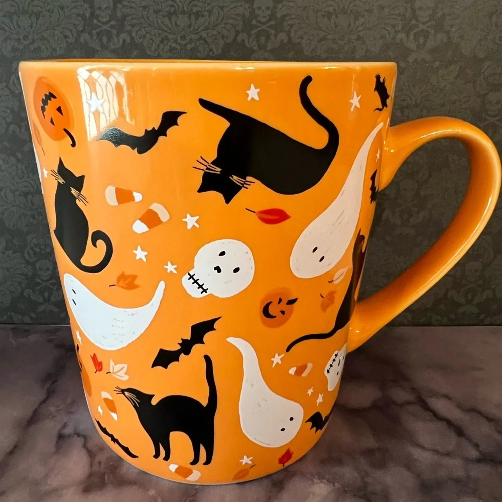 Halloween Tangerine Orange Mug Ghost Skull Black Cats Bats Candy Corn Rats Bats - Picture 2 of 8